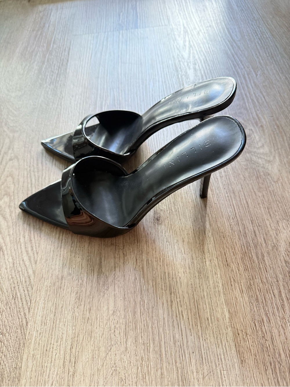 billini clarabelle black patent pointed toe slip on mules high heels size 6 NEW